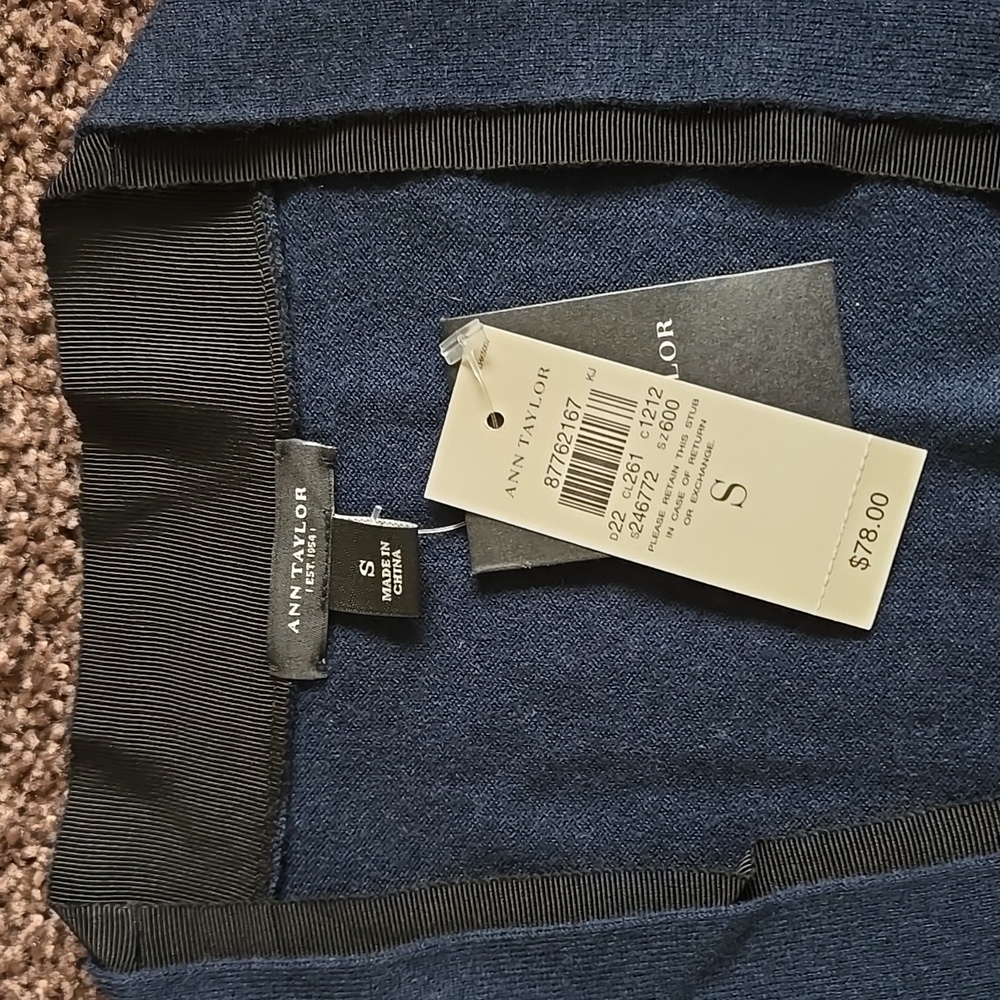 NEW Ann Taylor Navy Blue Black Ribbon Cardigan S - Picture 3 of 6